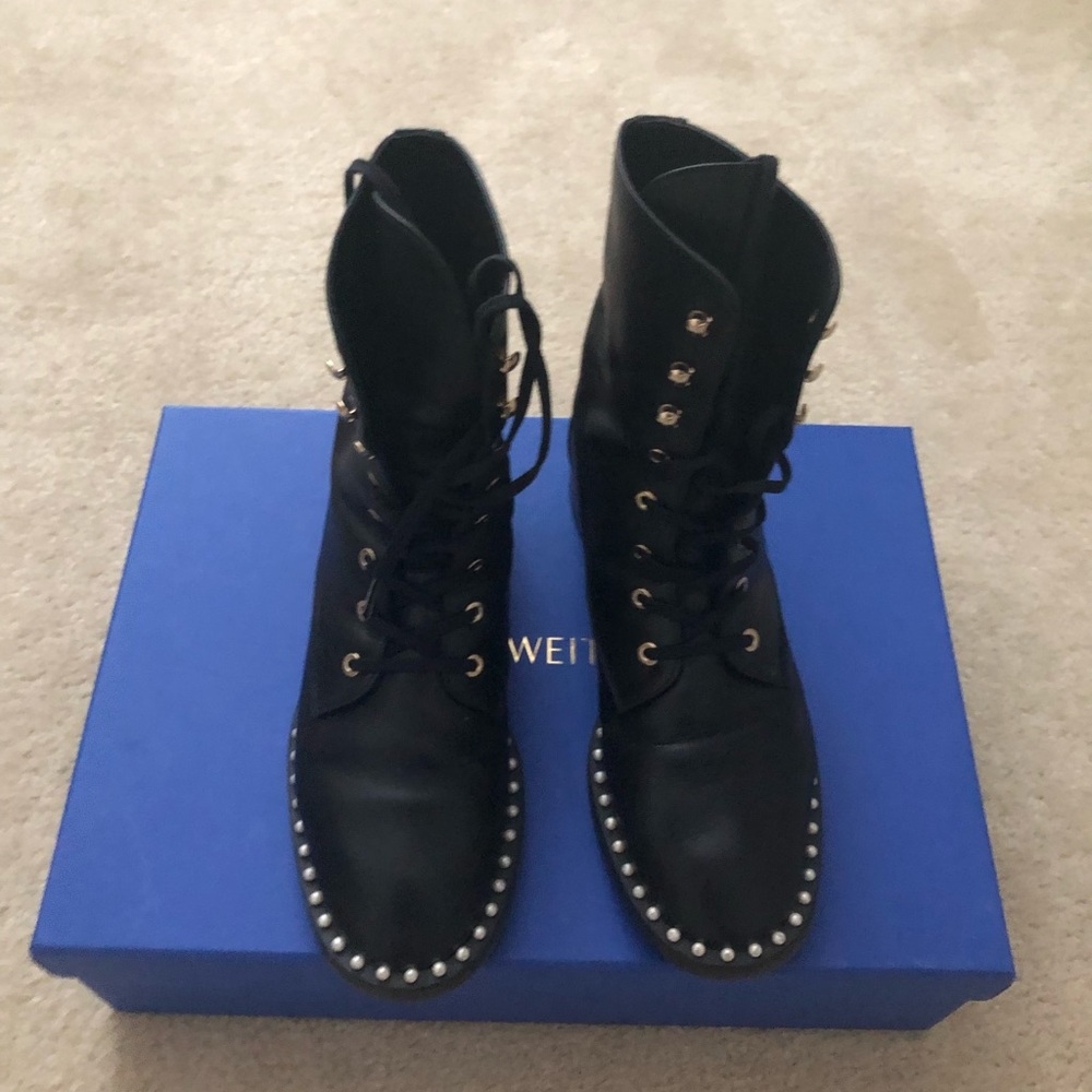 Stuart Weitzman Black Leather Sondra Combat Boots with Faux  Pearls.